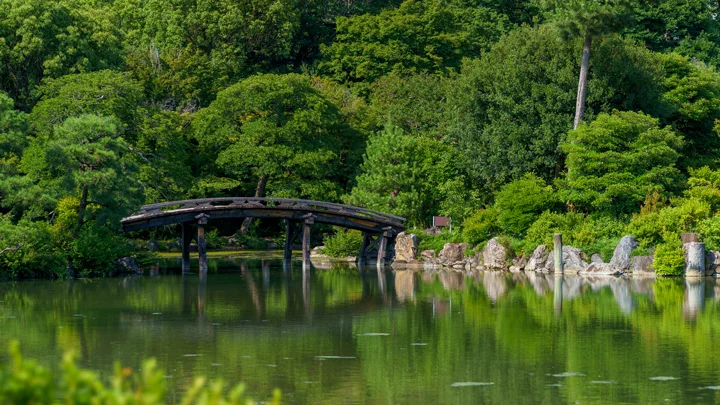 渉成園の池越しに侵雪橋